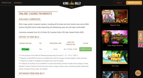 King Billy casino payments