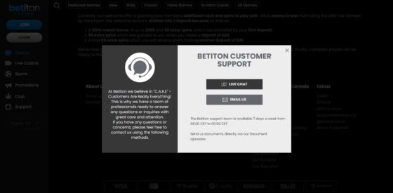 Betiton Casino customer support