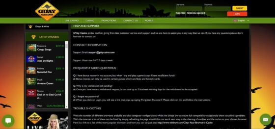 GDay Casino customer support