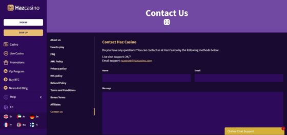 Haz Casino customer support