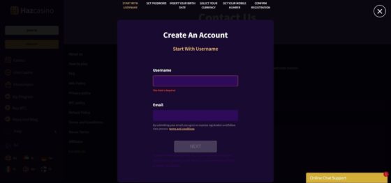 Haz Casino registration