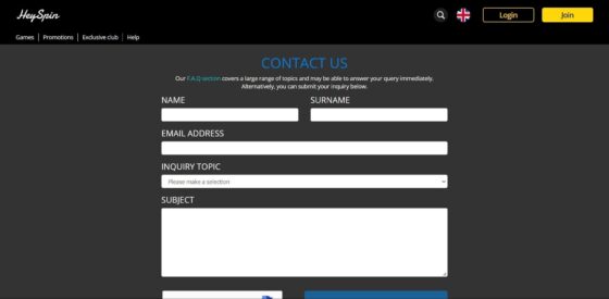 HeySpin Casino customer support