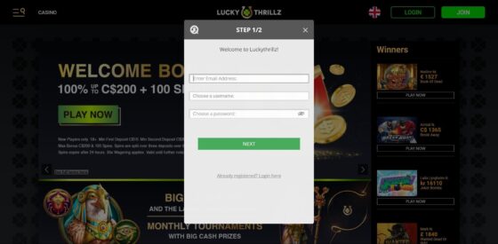 Lucky Thrillz Casino registration