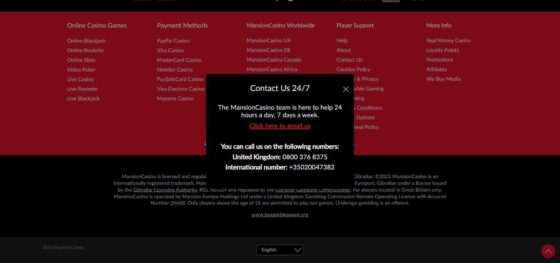 Mansion Casino customer support