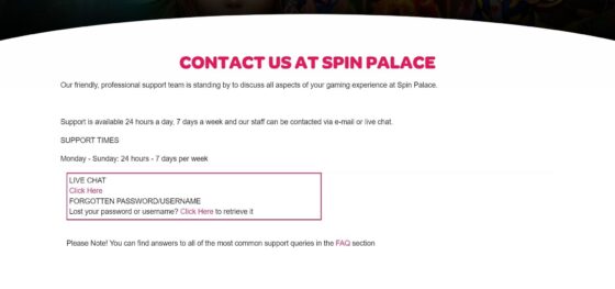 Spin Palace Casino customer support