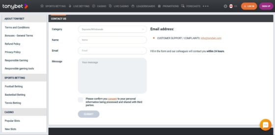 TonyBet Casino customer support