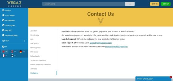 Vegaz Casino customer support