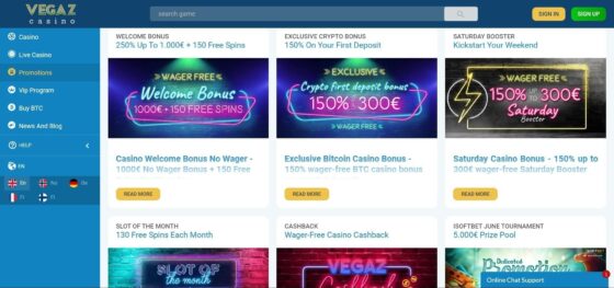 Vegaz Casino Bonuses