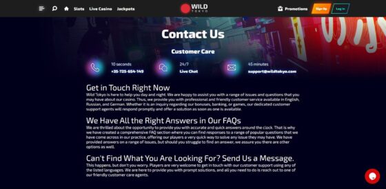 Wild Tokyo Casino customer support