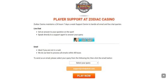 Zodiac Casino customer support