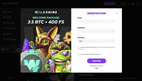Wildcoins Casino registration