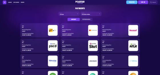 Screenshot of deposits page of Polestar Casino