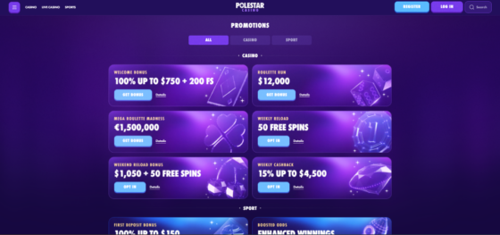 Screenshot of promotions page of Polestar Casino