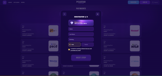 Screenshot of registration page of Polestar Casino